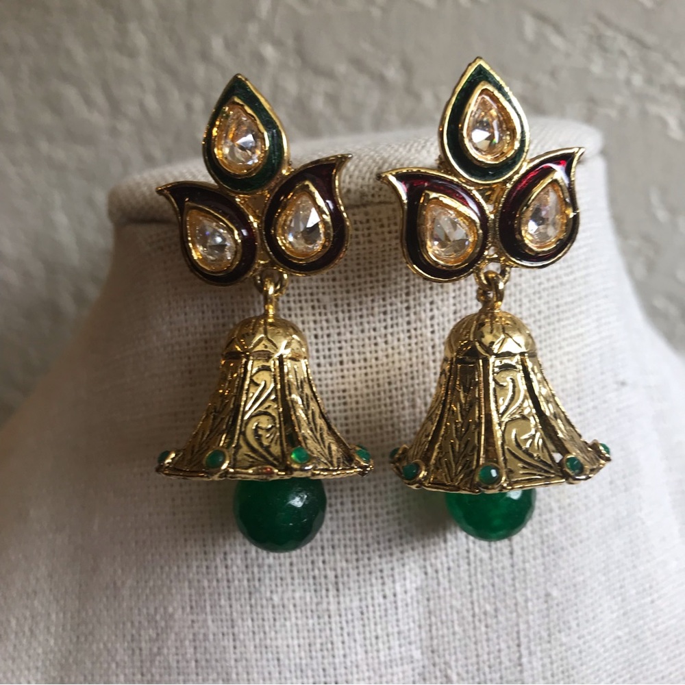 Christmas Earrings Dangle Drop Bells Festive Rhinestone Enamel Red Green